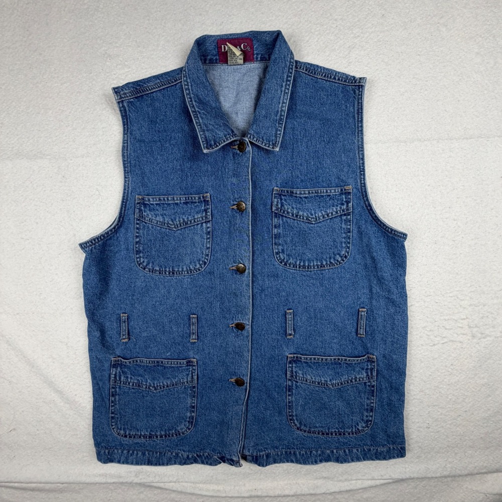 Denim & Co Jeanswear Utility Vest Blue Cotton Button Front Pockets XL